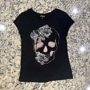 Express Women’s Size XS Black Sequin Skull Short-Sleeve T-Shirt